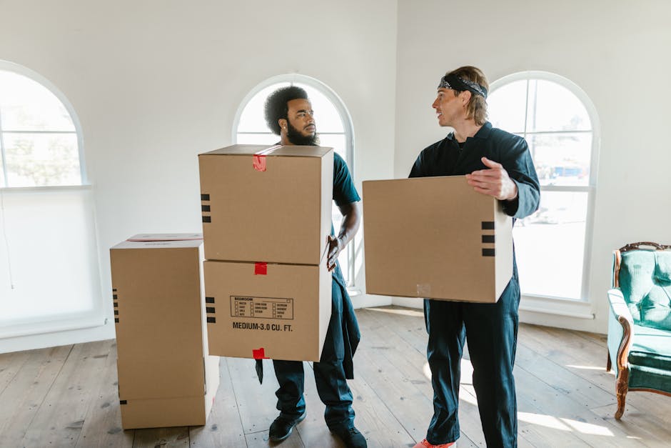 Two removalists from Man and Van Maida Vale inside a well-lit room with arched windows, engaged in a home relocation process. One worker, with dark curly hair and a beard, is holding a medium-sized cardboard box from the top with both hands, standing alongside another worker with light hair, wearing a headband, who is carrying a similar box. Additional cardboard boxes of varying sizes, some labeled, are placed on the wooden floor nearby, ready for transportation. The room has white walls and minimal furniture, including a vintage-style armchair with a wooden frame and green upholstery positioned against the right wall. Natural light filters through the windows, illuminating the scene, which depicts the packing and loading phase of furniture transport during a house removal. This image reflects the logistics involved in professional removals services, emphasizing careful handling and organized packing, aligning with the topic of Maida Vale removals pricing and moving cost guides.