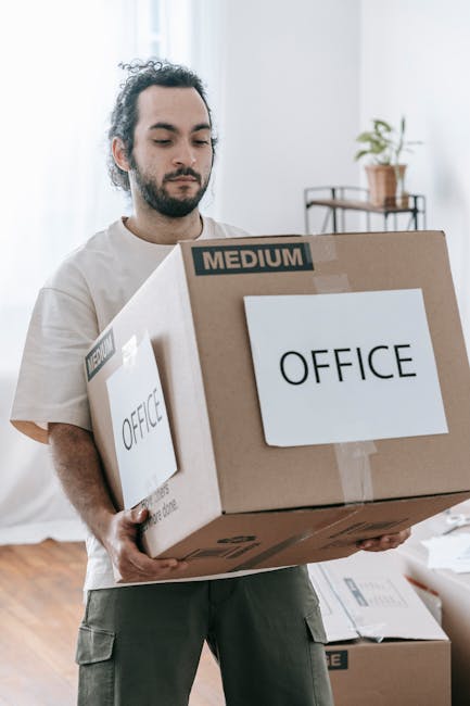 A man with dark hair and a beard, dressed in casual clothing, standing inside a room with white walls and a wooden floor, holding a large cardboard box labelled 'OFFICE' with a smaller label indicating 'MEDIUM'. In the background, there is a metal shelving unit with potted plants and other small items, along with additional packed boxes on the floor, suggesting an ongoing office relocation or packing process. The scene is well-lit with natural light, and the image depicts the process of furniture transport and packing for house removals, consistent with services offered by Man and Van Maida Vale as part of their moving and delivery logistics.